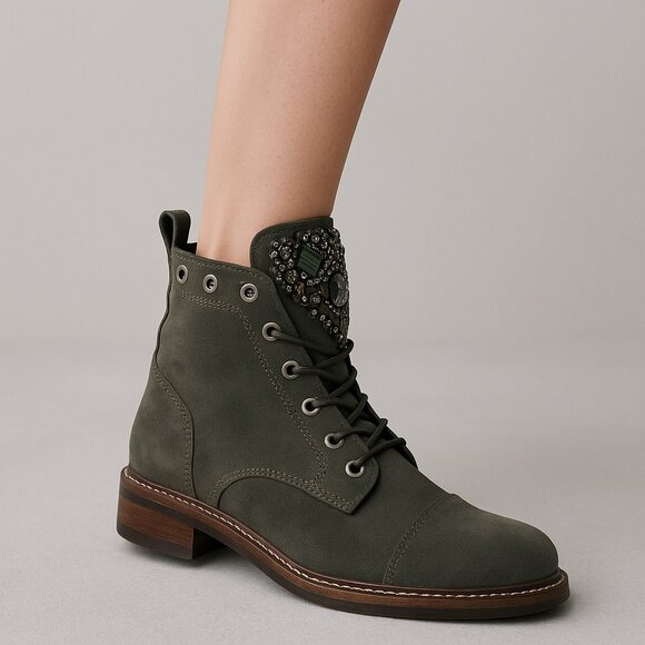 Vince Camuto Rolleena Jeweled Desert Combat Boots Olive Green Suede size 9 - Picture 1 of 13